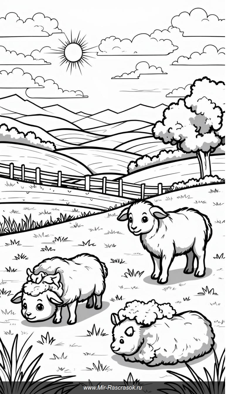 Очарование фермы: раскрасьте пейзаж с овечками на лугу