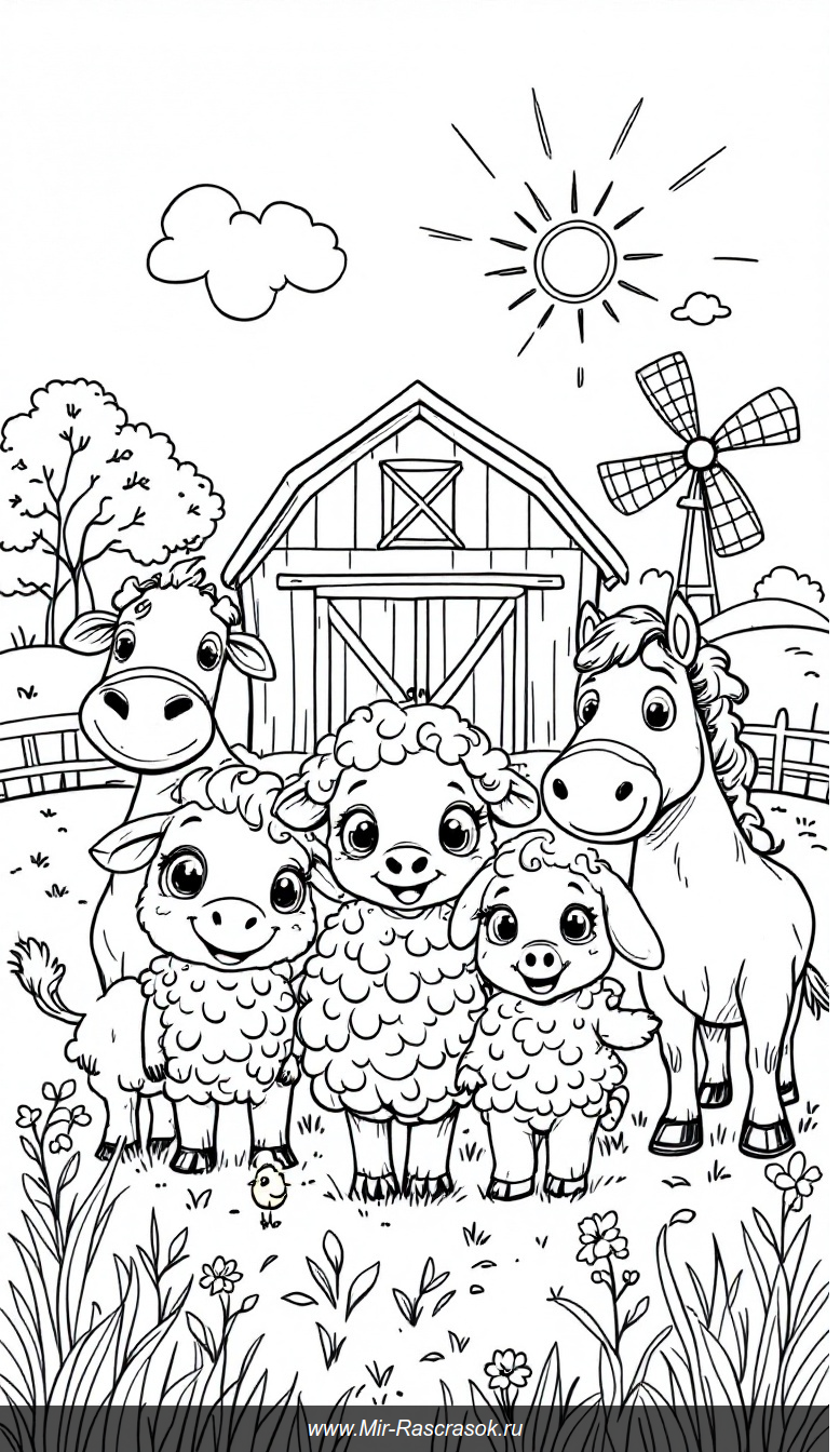 Веселая ферма счастья Раскраска для детей с животными и природой
