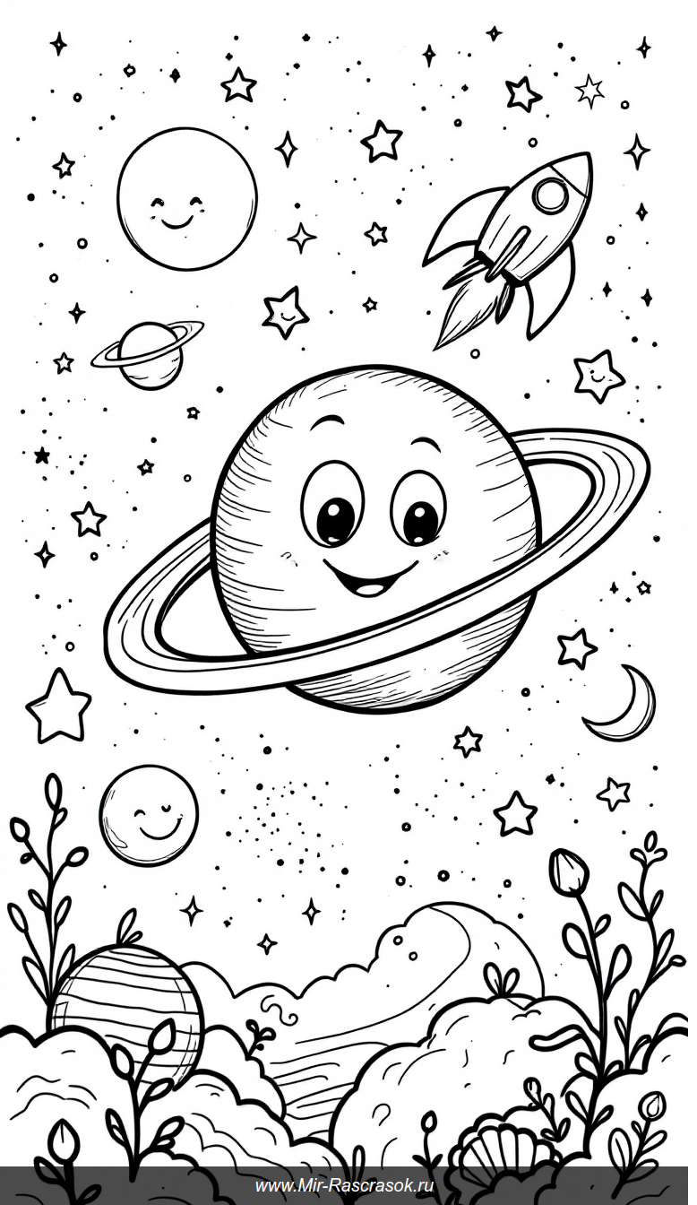 Веселое космическое приключение для детской раскраски