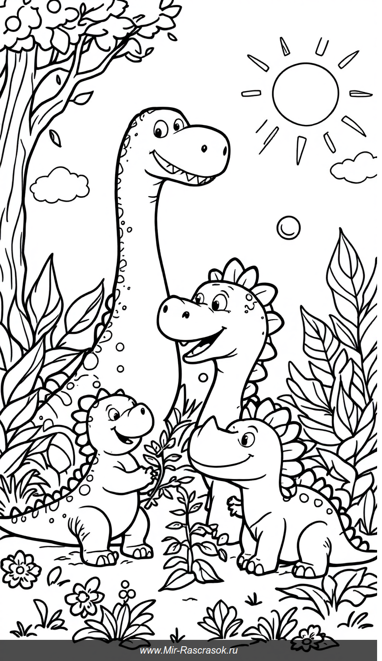 Веселые динозавры на солнечном доисторическом раскраске для детей
