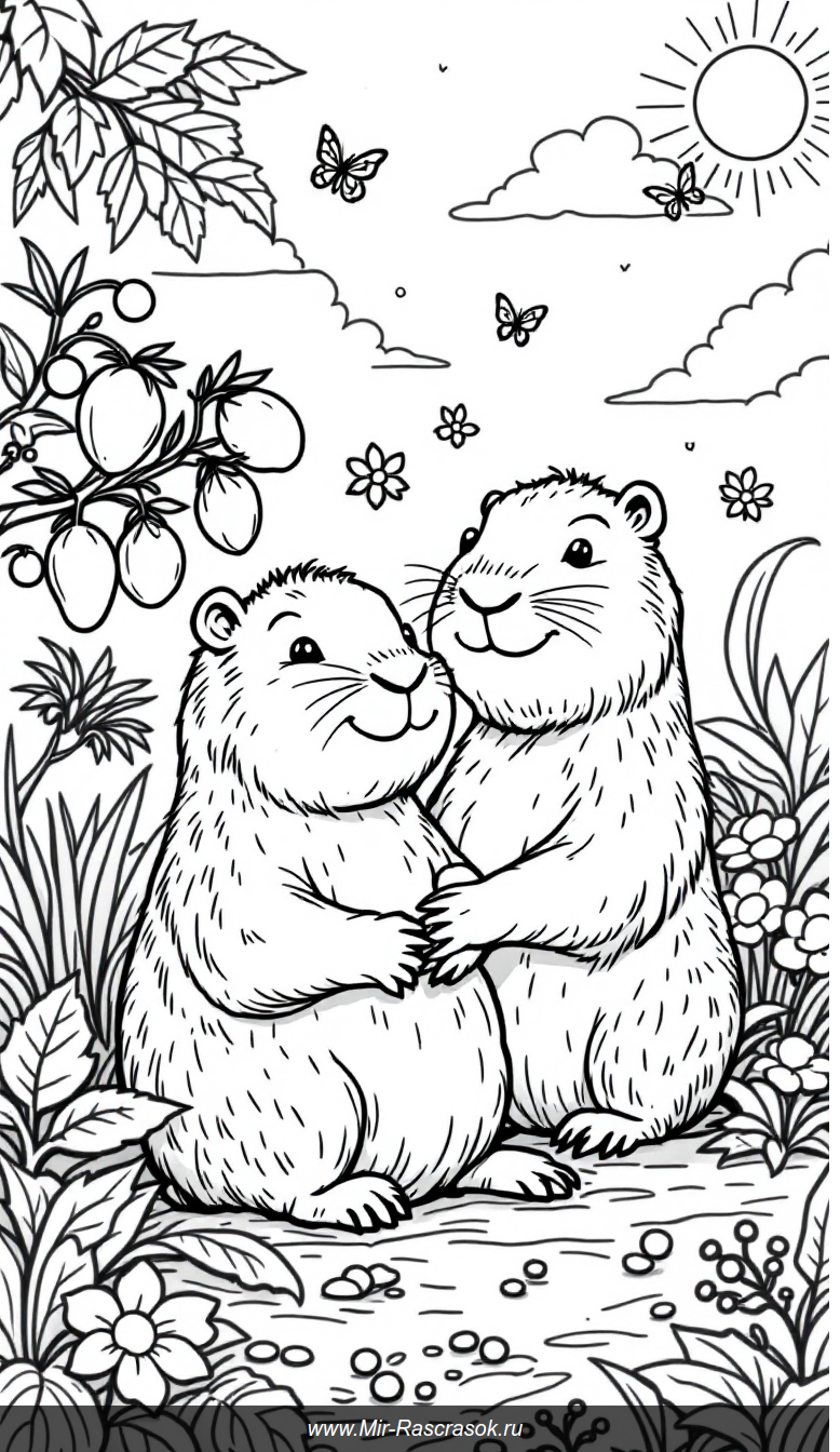 Дружелюбная капибара и весёлый фруктовый сад для детской раскраски