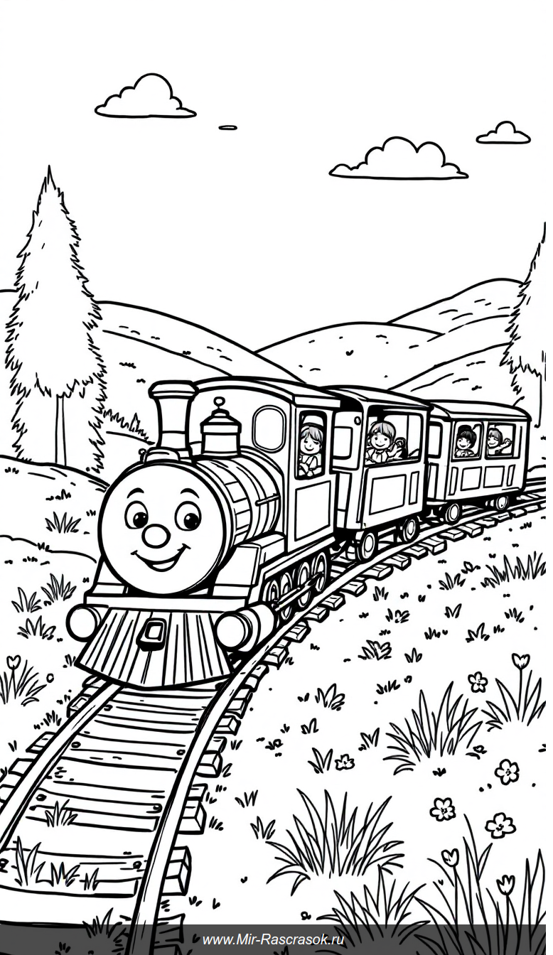 Весёлый поезд: раскраска с дружелюбным паровозом и волшебными пейзажами