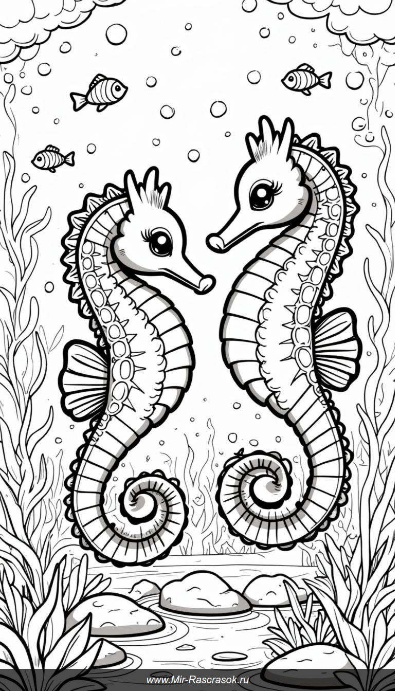 Творческое приключение: раскрась двух морских коньков среди кораллов