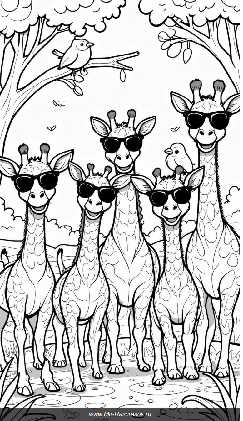 Улыбчивые жирафы в солнцезащитных очках и с птичками на голове