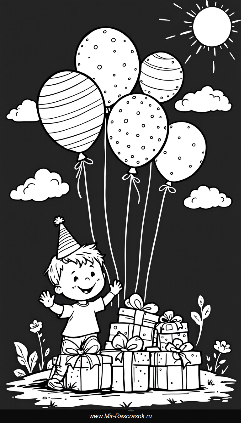Веселый день рождения в раскраске с шарами подарками и улыбающимся ребенком