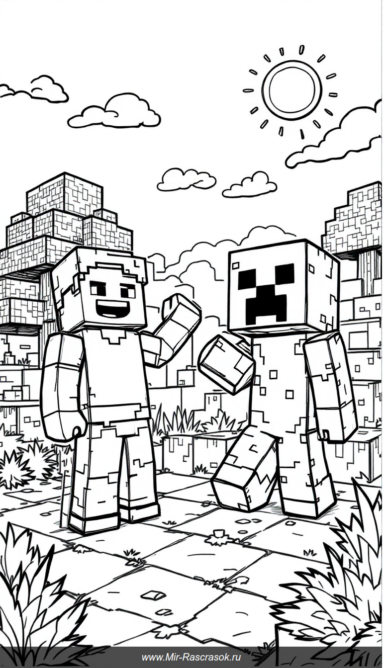 Дружелюбный мир Minecraft для лёгкого и радостного раскрашивания детей