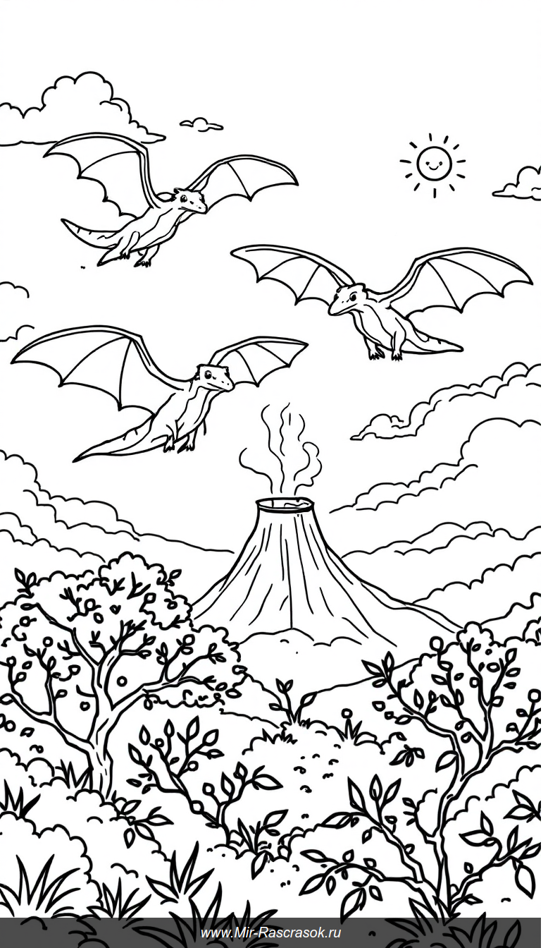 Весёлые птеранодоны над доисторическим пейзажем для раскрашивания