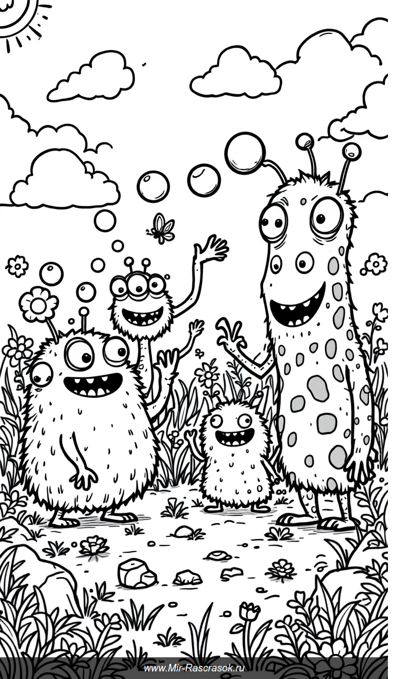 Весёлые монстры на солнечной поляне раскраска для детей