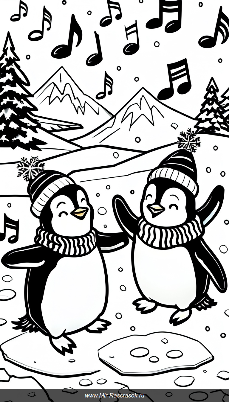 Веселые пингвины в зимних шалях танцуют на льду среди снежинок