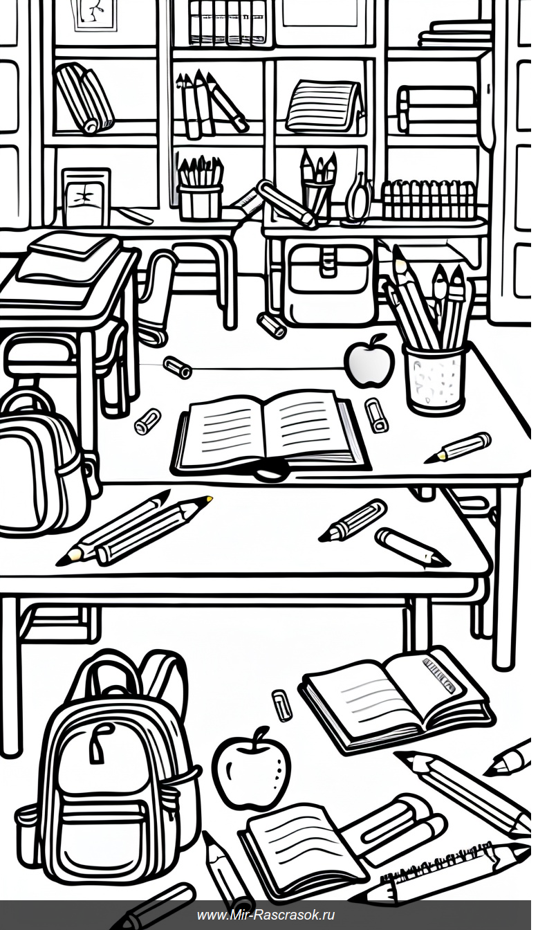Раскраска с веселым классом и школьными принадлежностями вокруг парты