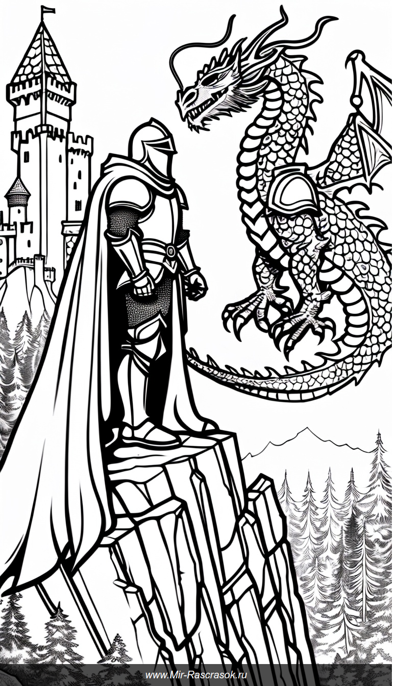 Раскраска с отважным рыцарем и величественным драконом на древнем утёсе