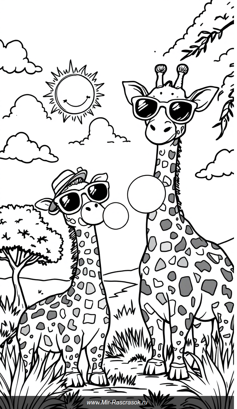 Веселые жирафы на солнечной саванне Раскраска для детей