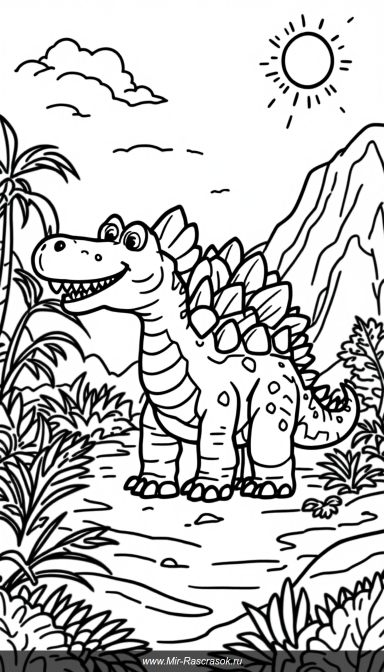 Весёлый стегозавр в доисторическом мире для раскрашивания детям