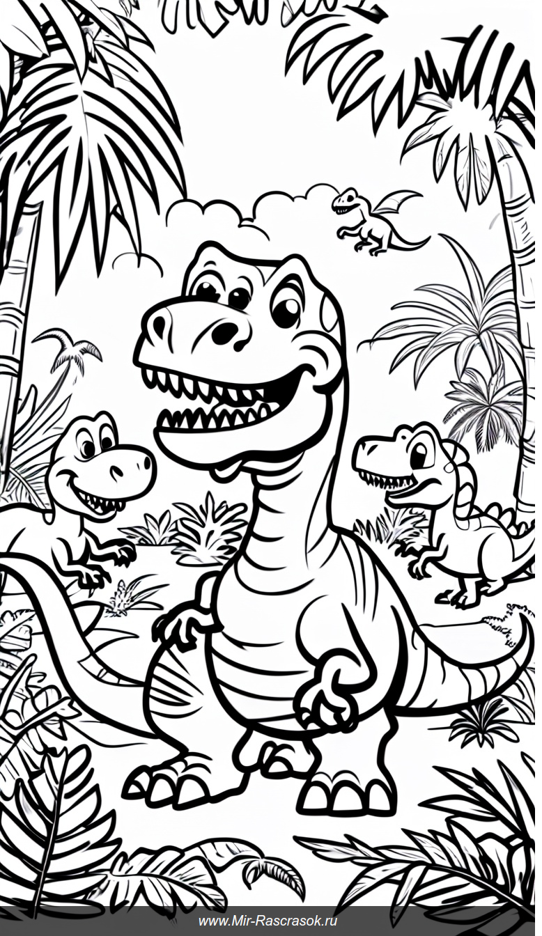 Раскраска с дружелюбным Ти-Рексом и малыми динозаврами в доисторическом джунглях