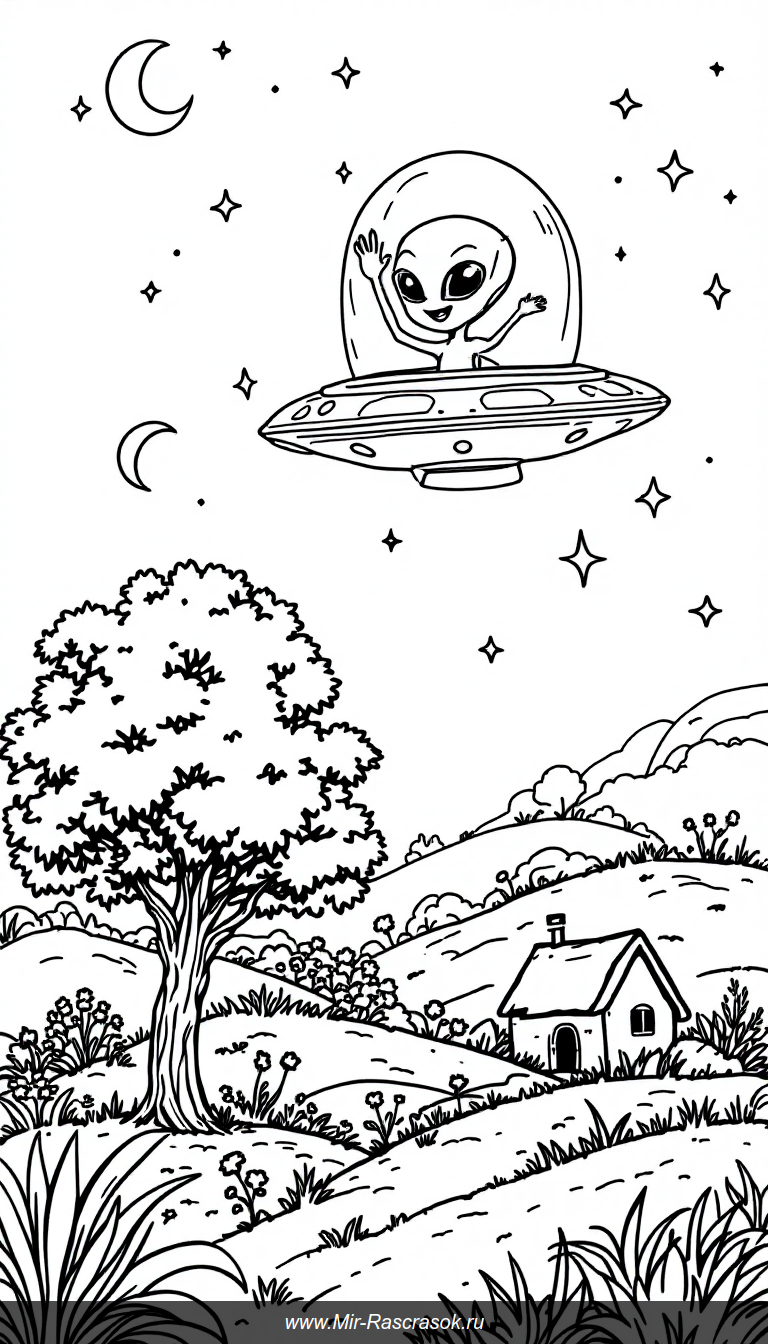 Дружелюбный пришелец на летающей тарелке в спокойной деревенской ночи для раскраски