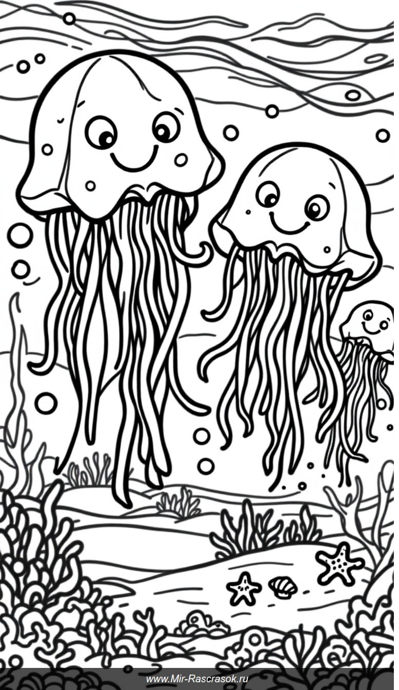 Веселые медузы в подводном мире для раскраски детей