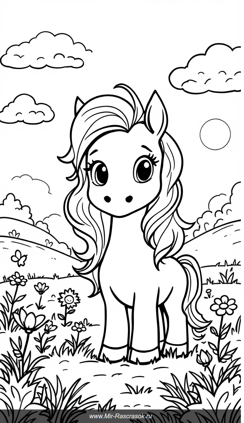 Раскраска с дружелюбным пони на солнечной лужайке для детей