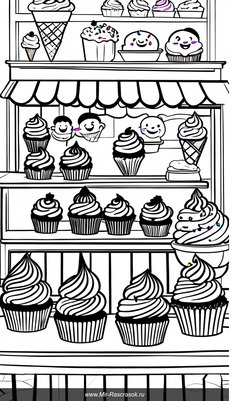 Веселая выпечка и мороженое в раскраске для детей