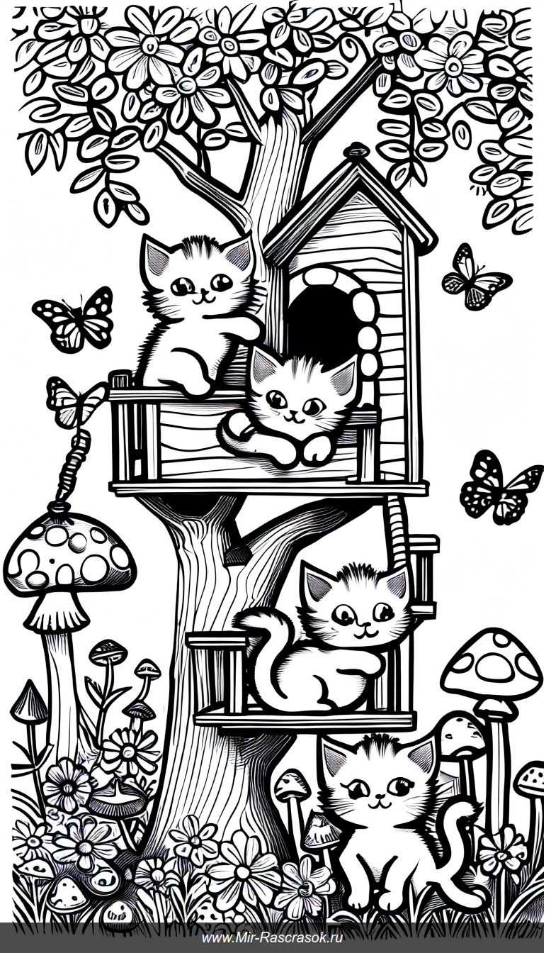 Раскраска с милыми котятами в волшебном саду и уютном домике на дереве