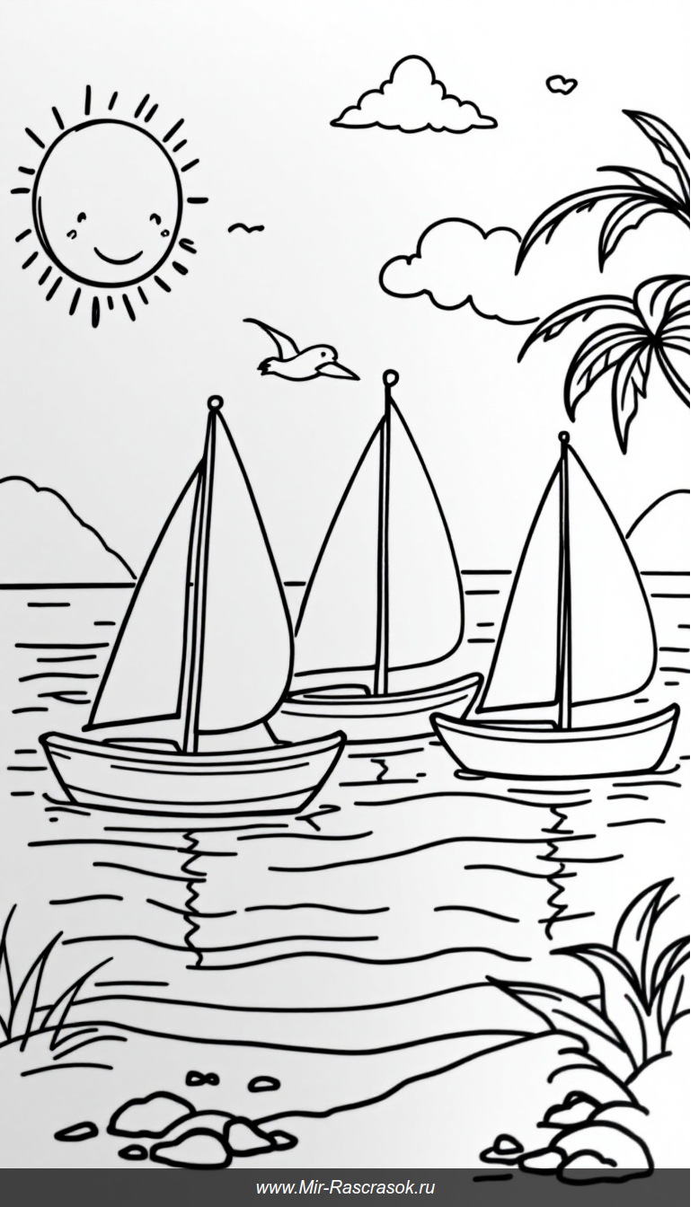 Морская раскраска для детей с парусниками и улыбающимся солнцем