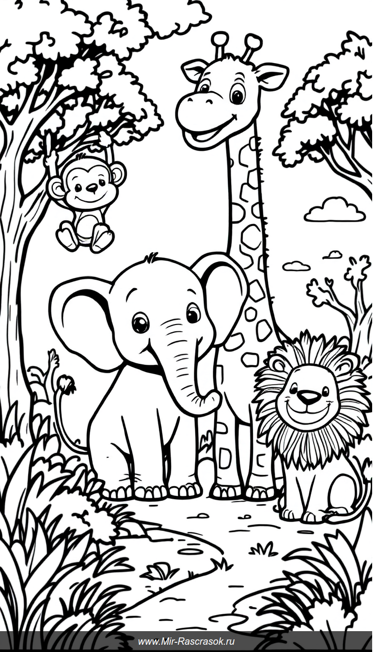 Весёлая зоопарковая сцена для раскрашивания с дружелюбными животными