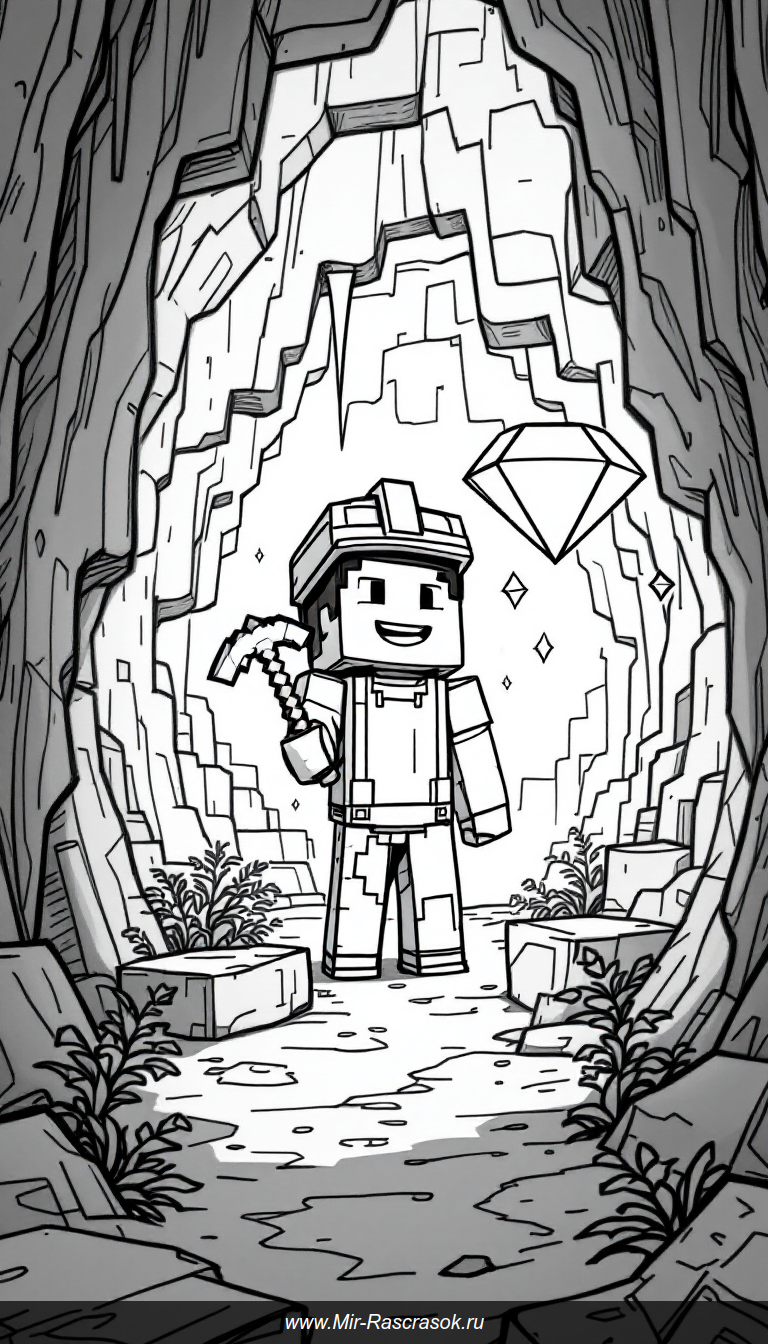 Дружелюбный персонаж в стиле Minecraft и алмазы в раскраске для детей