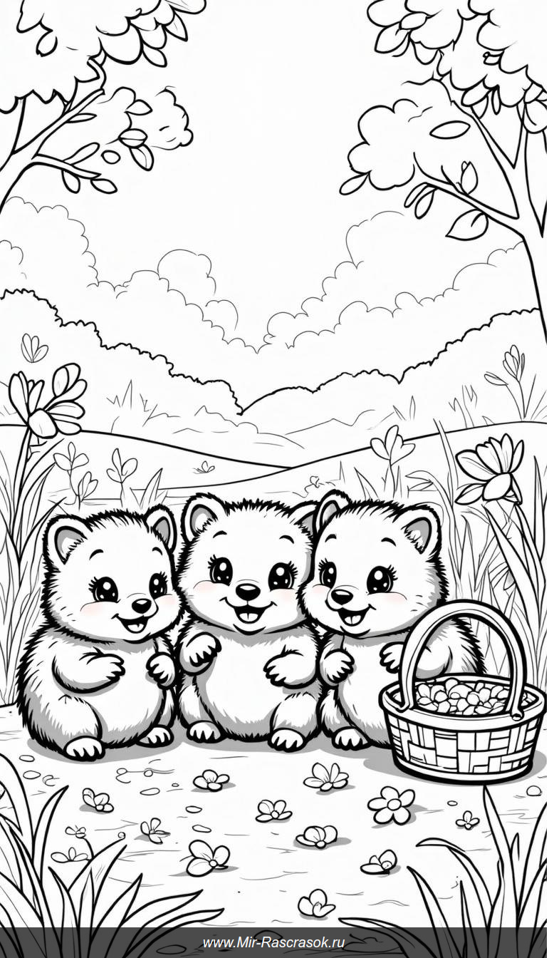 Три ёжика в солнечном лугу