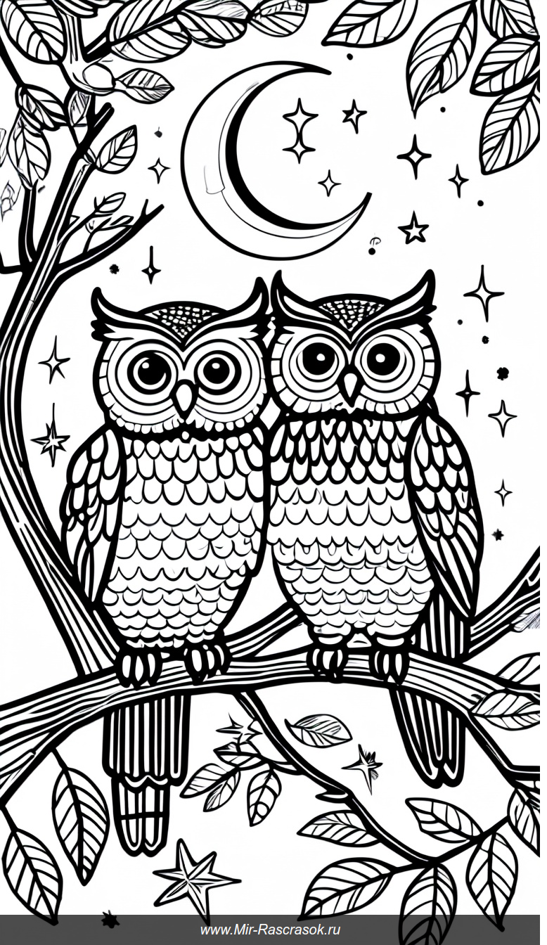 Раскраска с очаровательными совами на цветущей ветке под луной