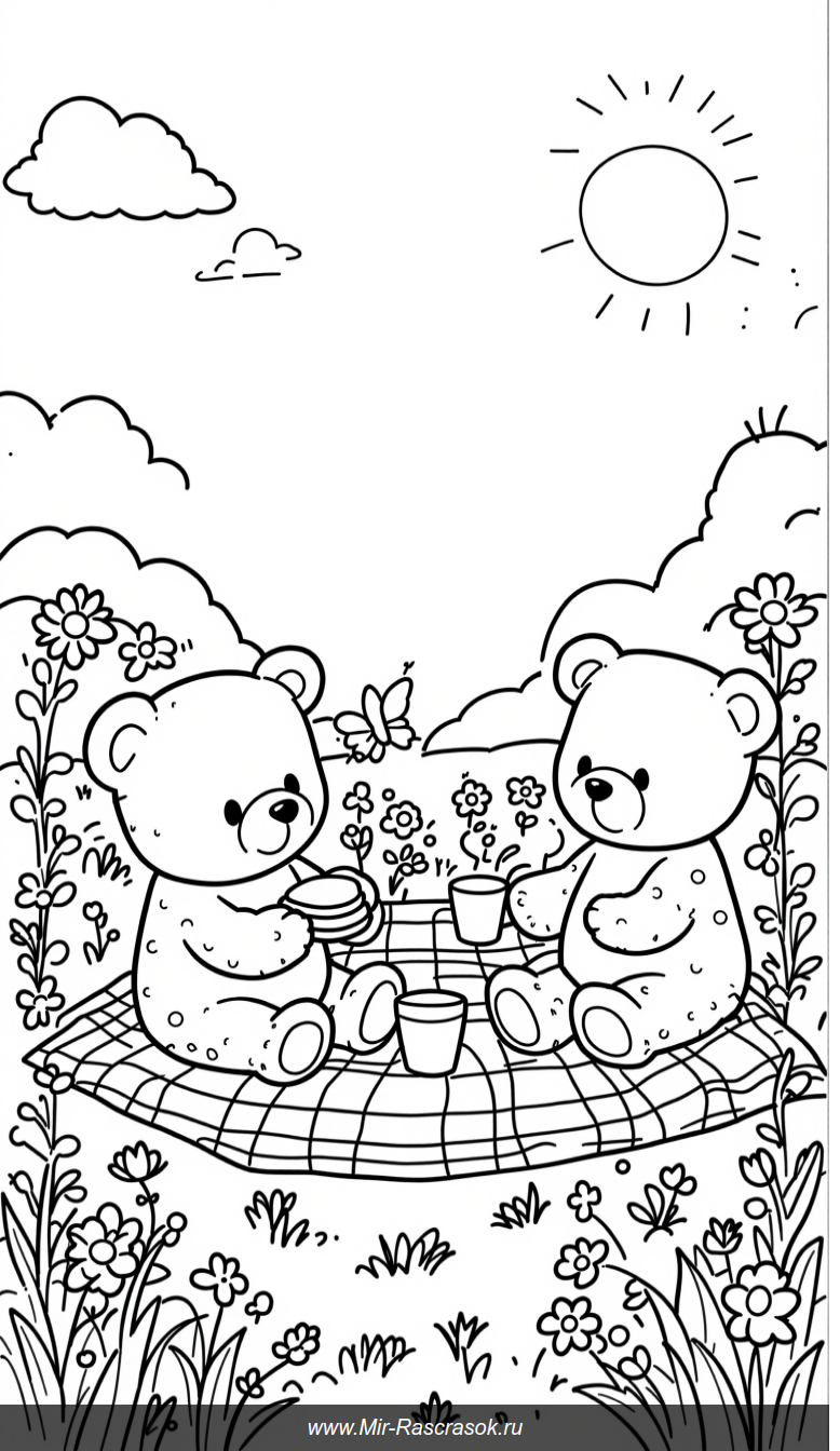 Весёлый пикник трёх мишек в солнечном поле для детской раскраски