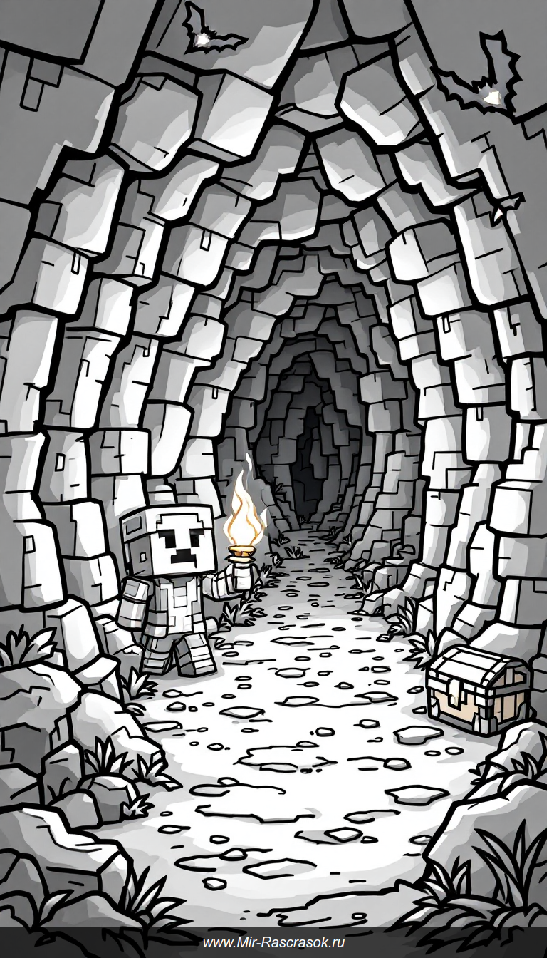 Приключения в пещере Майкрафт: раскраска для маленьких исследователей