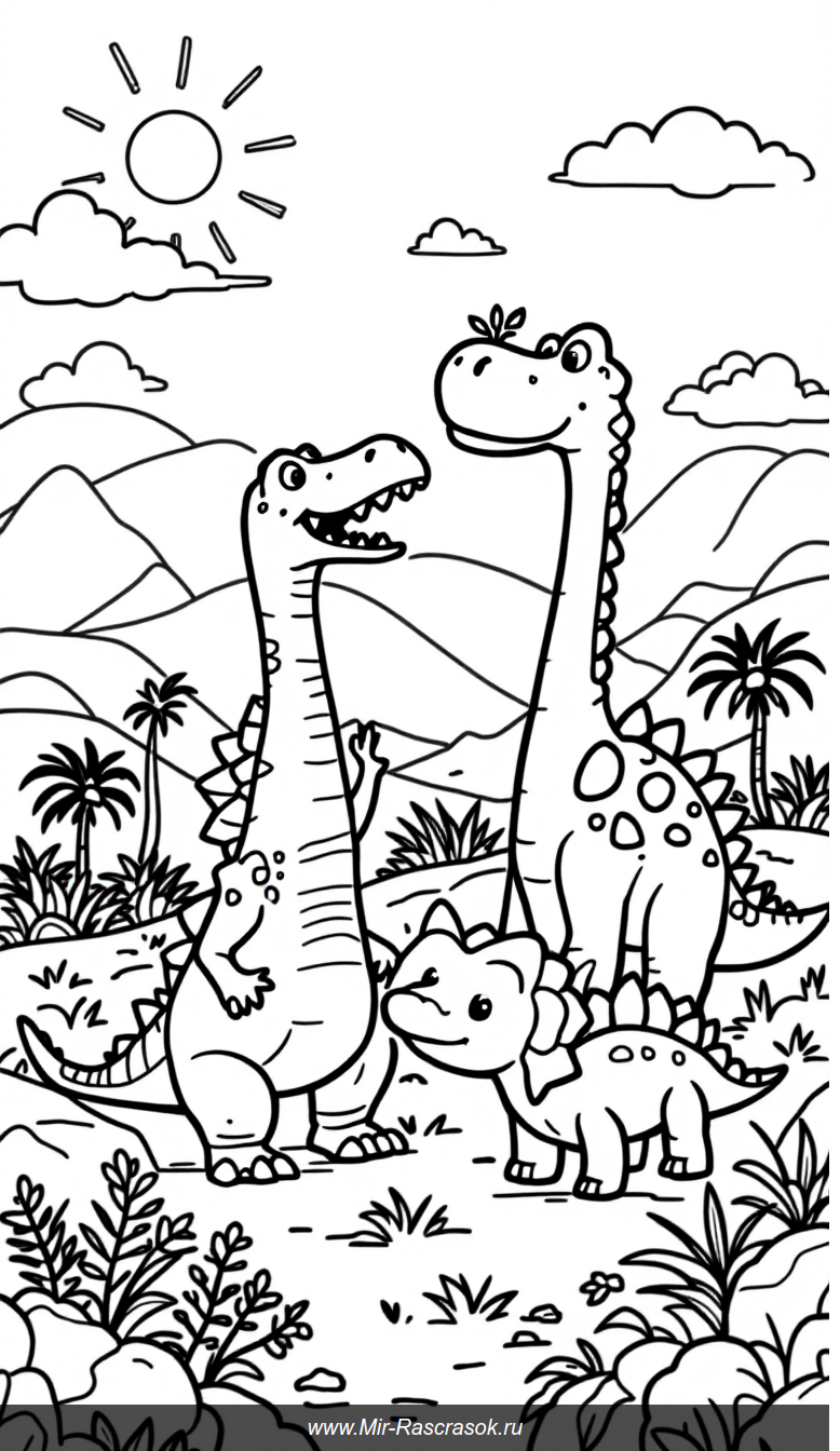Дружелюбные динозавры в доисторическом лугу для детской раскраски