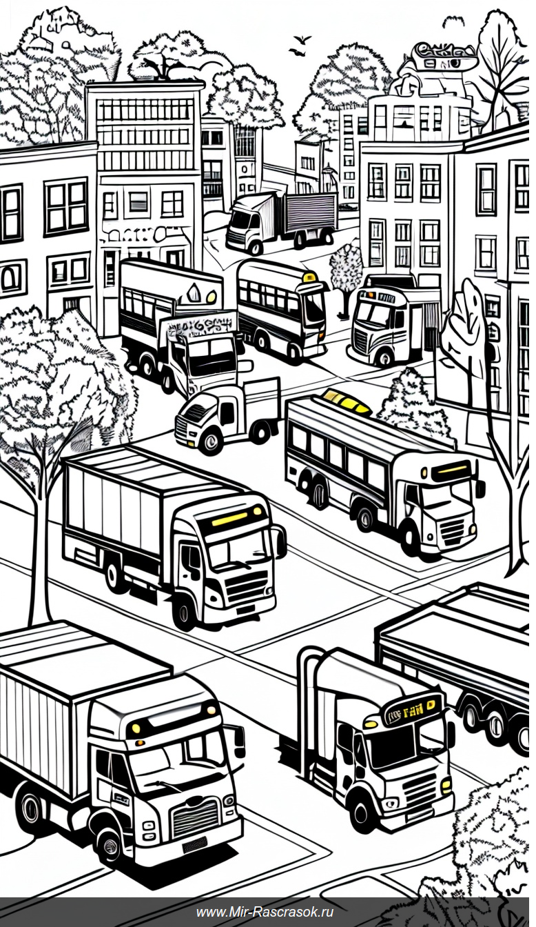 Раскраска с оживленным городским пейзажем грузовиков и автобусов