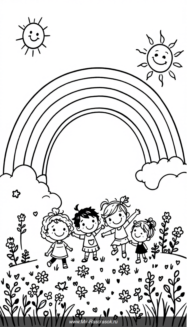 Веселая раскраска с яркой радугой и играющими детьми на природе