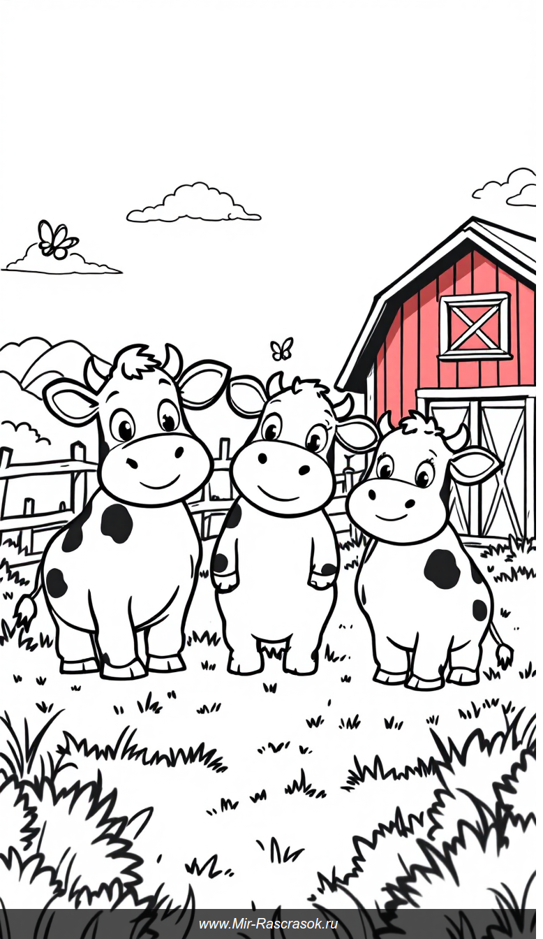 Веселая ферма для раскрашивания с дружелюбными коровами и красным сараем