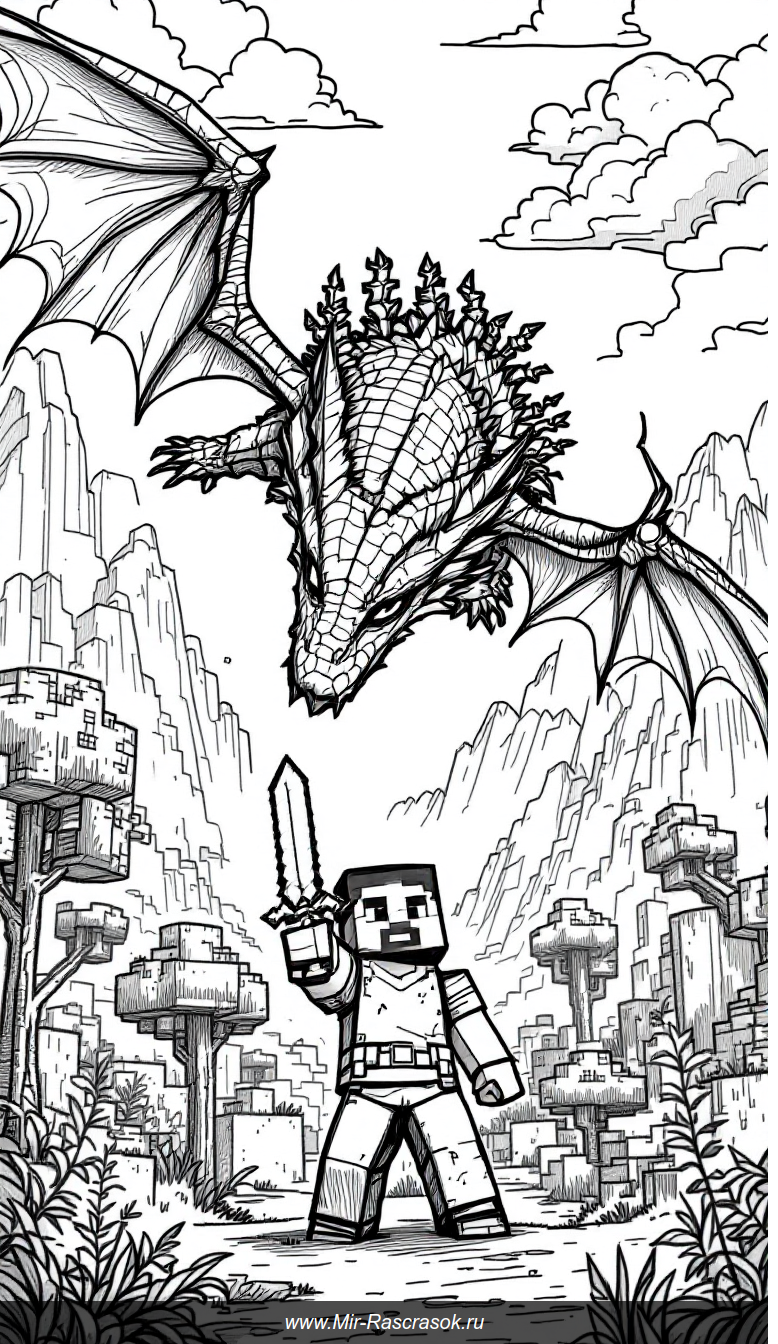 Раскраска для детей с дружелюбным драконом и героем Майнкрафт