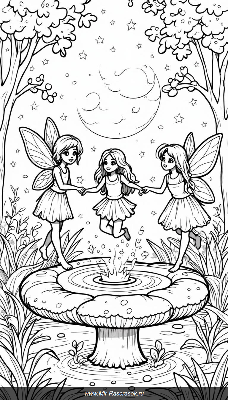 Волшебные феи в лунном свете: раскраска с грибами