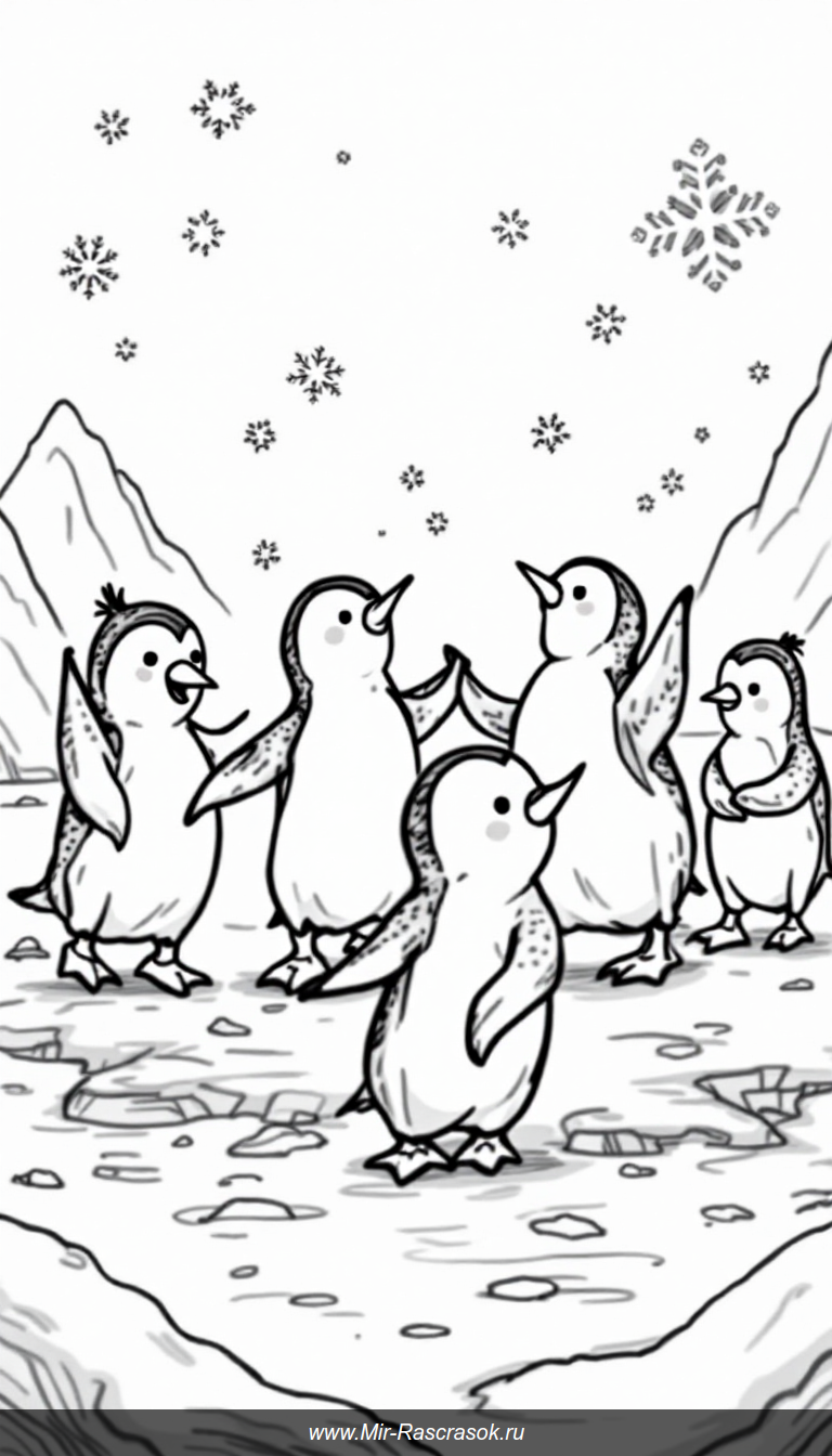Погрузитесь в мир радости с нашей раскраской Веселые танцующие пингвины дети смогут раскрасить милых пингвинчиков на льду под падающим снегом это развивает творческие способности и приносит массу удовольствия Раскрашивание помогает мелкой моторике и воображению Присоединяйтесь к веселью вместе с нашими очаровательными персонажами