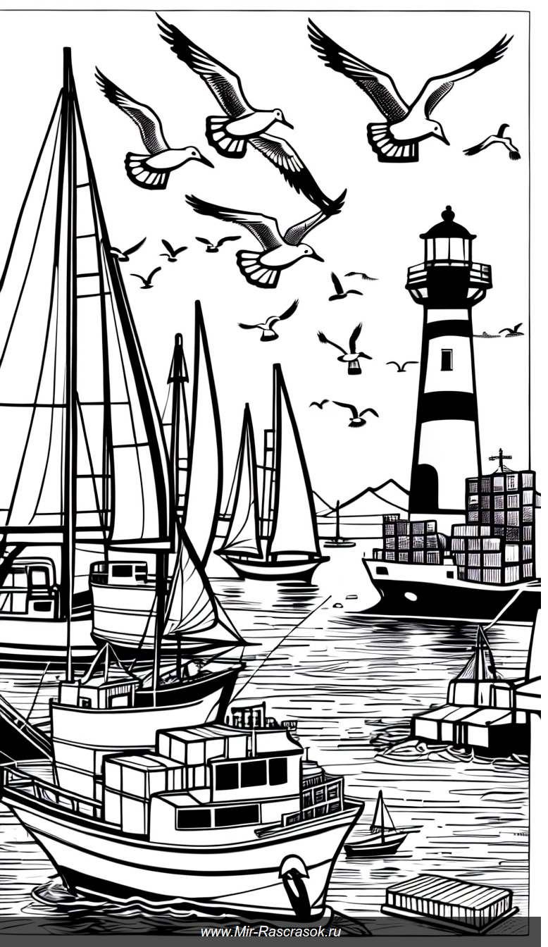 Раскраска с оживлённым портом и парусниками на фоне маяка