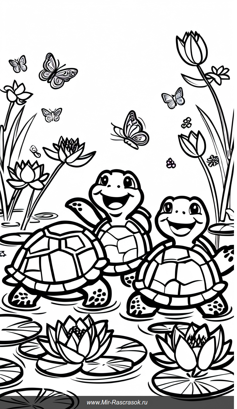 Веселые черепашки у пруда в раскраске для детей