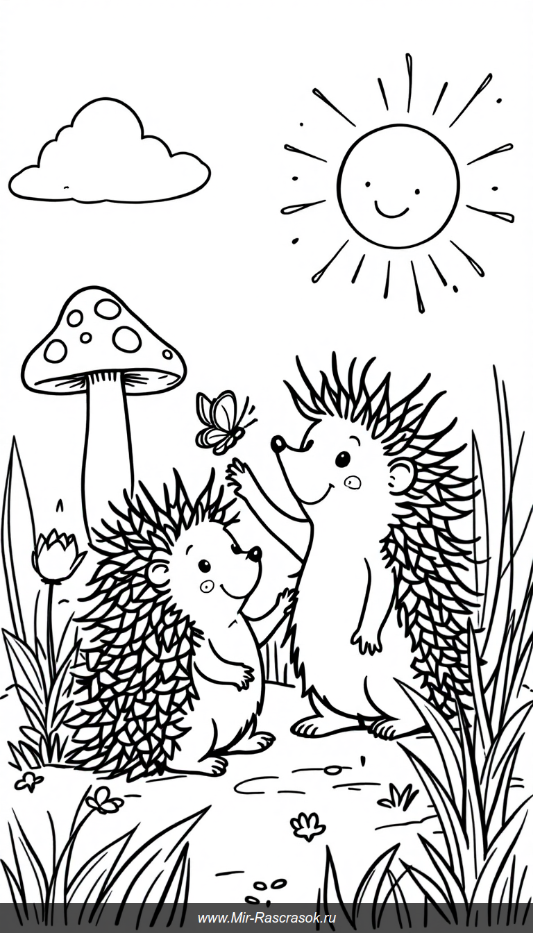Весёлая игра ёжиков на солнечной поляне для детской раскраски