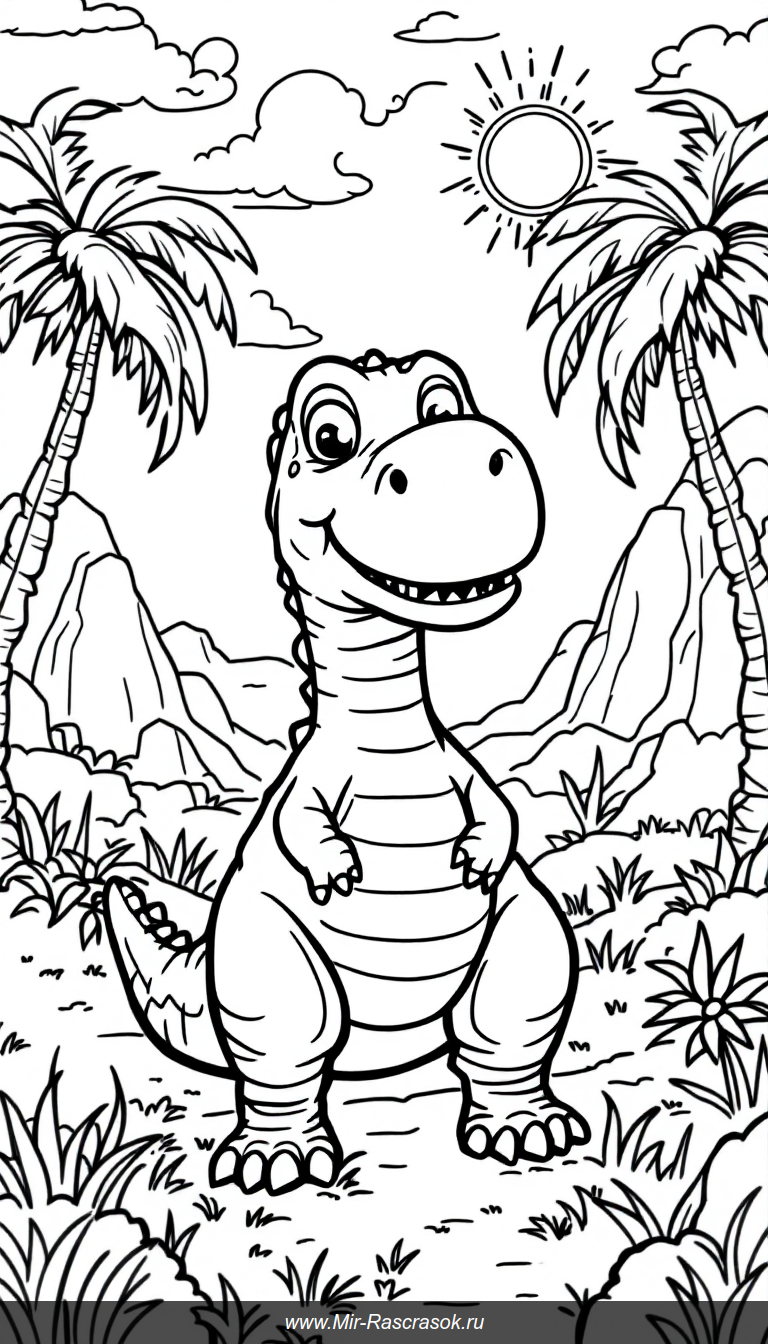 Дружелюбный Тираннозавр и веселые динозавры в доисторическом раскраске