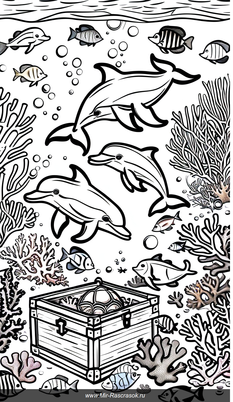 Волшебный подводный мир: раскраска с дельфинами и морскими обитателями