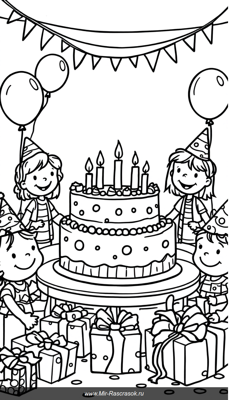 Веселый день рождения в раскраске для малышей с тортом и подарками