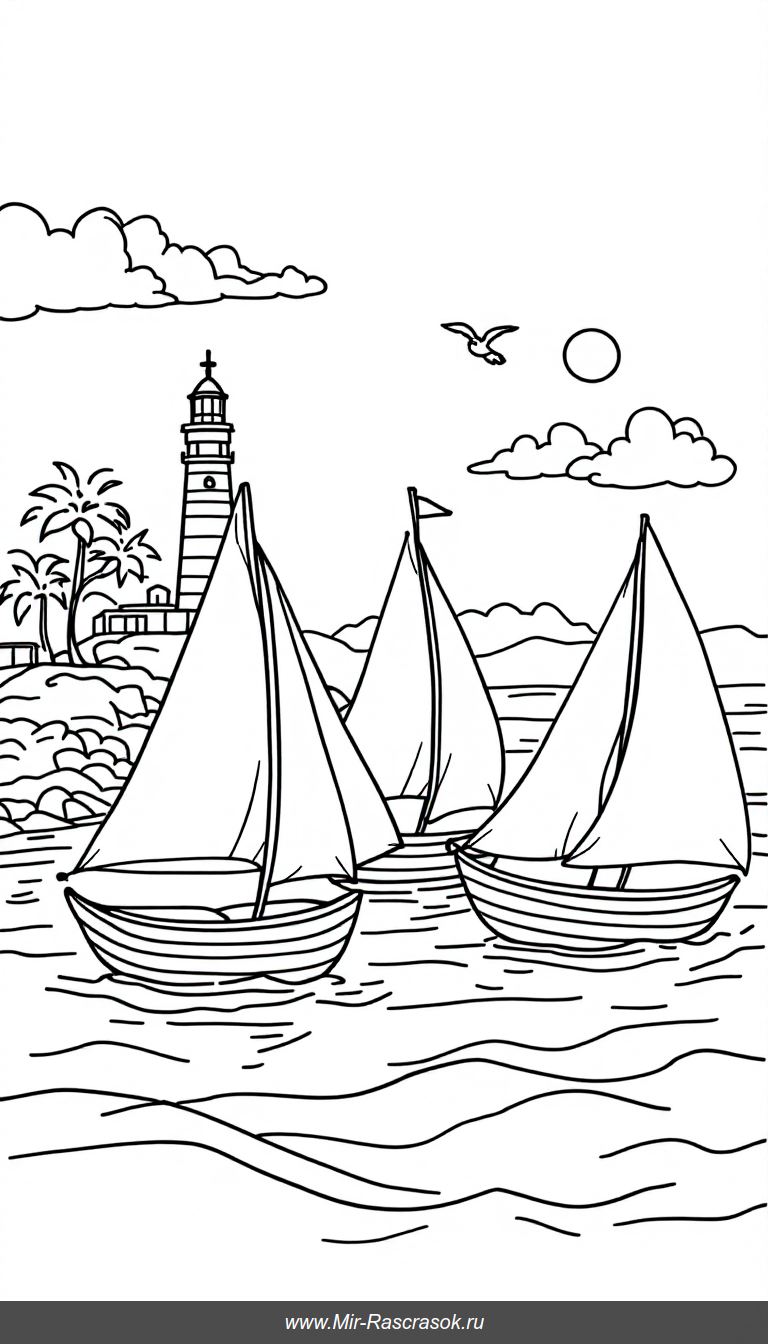 Морская раскраска с тремя парусниками и дружелюбным солнцем для детей