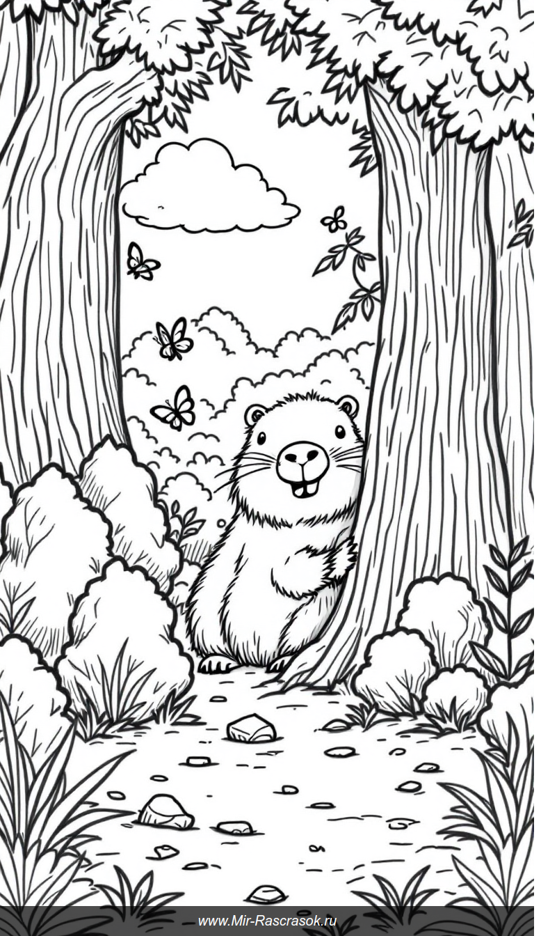 Дружелюбная капибара играет в прятки на солнечной лесной поляне раскраска для детей