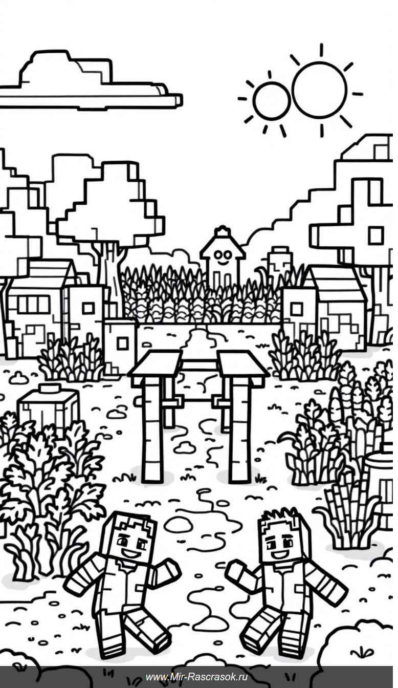 Веселая деревня Майнкрафт для детской раскраски