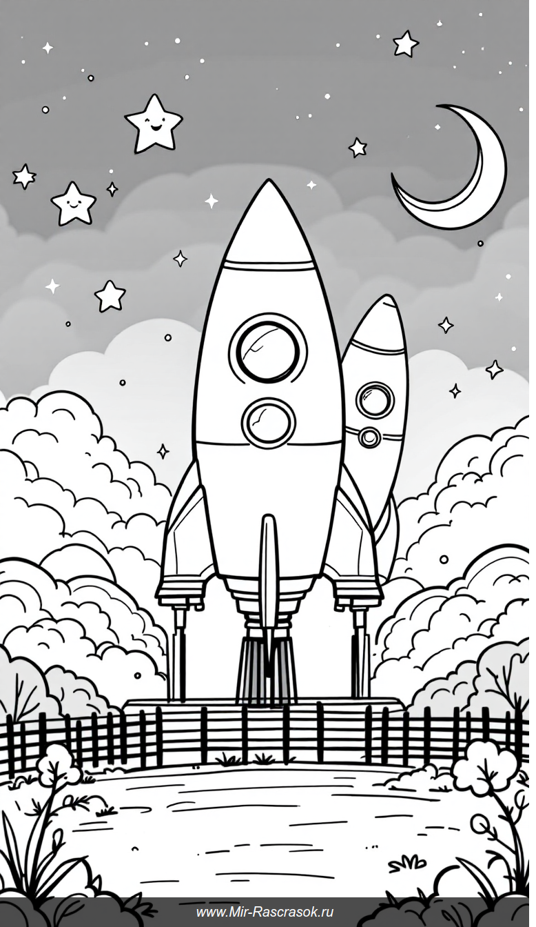 Раскраска с веселыми ракетами звездным небом и мягкими облаками дыма