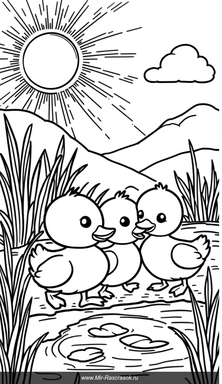 Веселые утята у пруда Детская раскраска для малышей