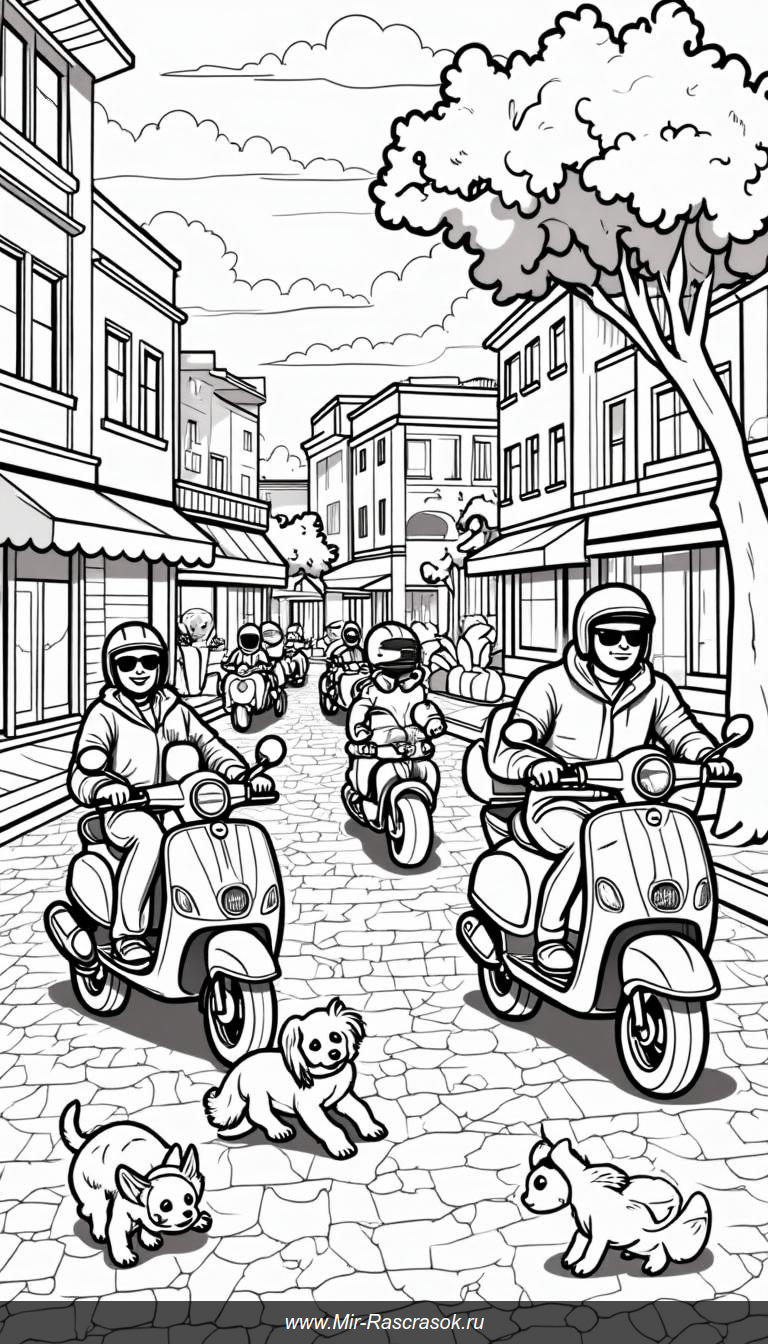 Яркий городской пейзаж на фоне суеты скутеров и собак