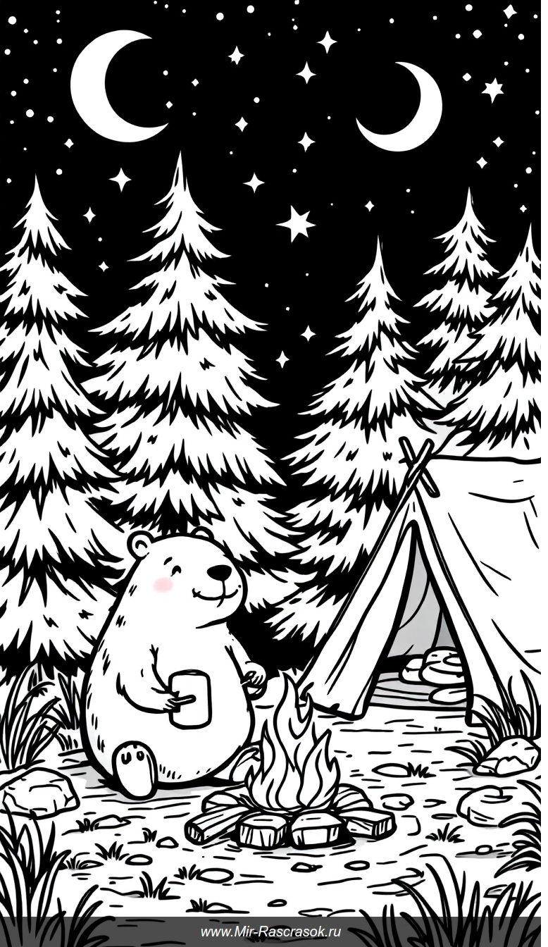 Дружелюбная капибара у костра в лесу для детской раскраски